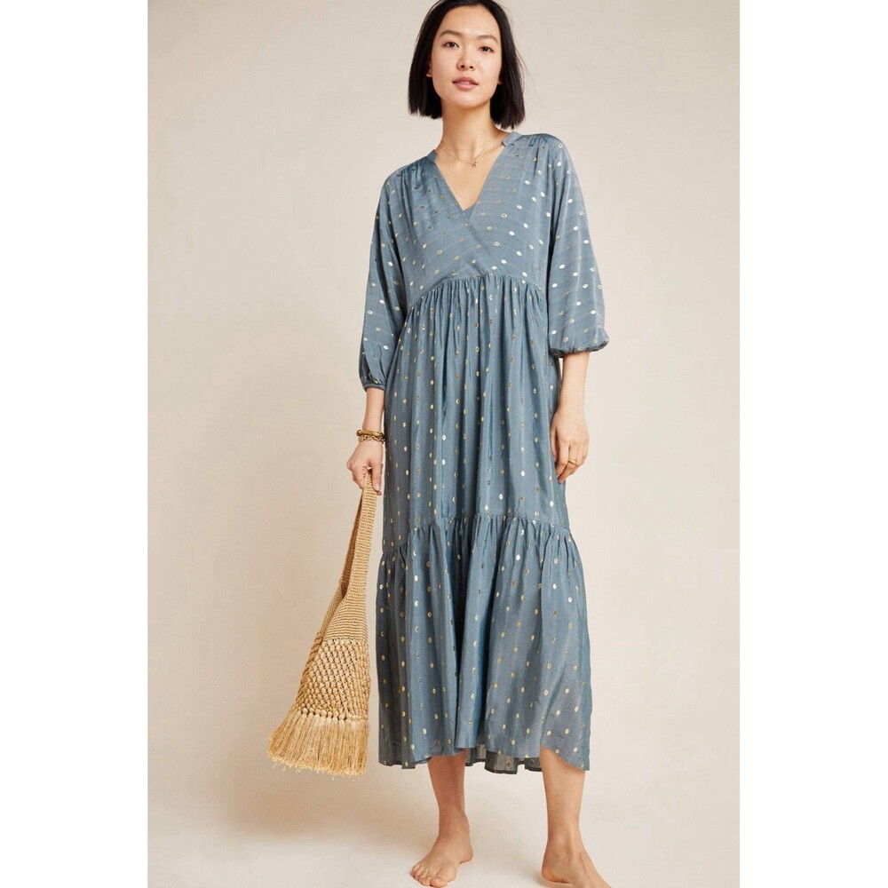 ANTHROPOLOGIE Napoli Tiered Maxi Dress Small Wedgewood Blue Polka Dot SEE Photos
